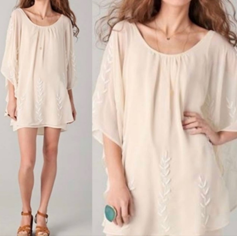 Free People Beaded Pointed Cape Drape Mini Dress Chiffon Sheer Cream Nude